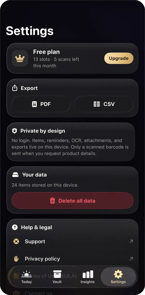 The BestBy settings screen showing privacy and data controls, including deleting all data.
