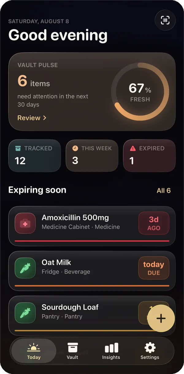 The BestBy Today screen showing items that need attention, sorted by how soon they expire.